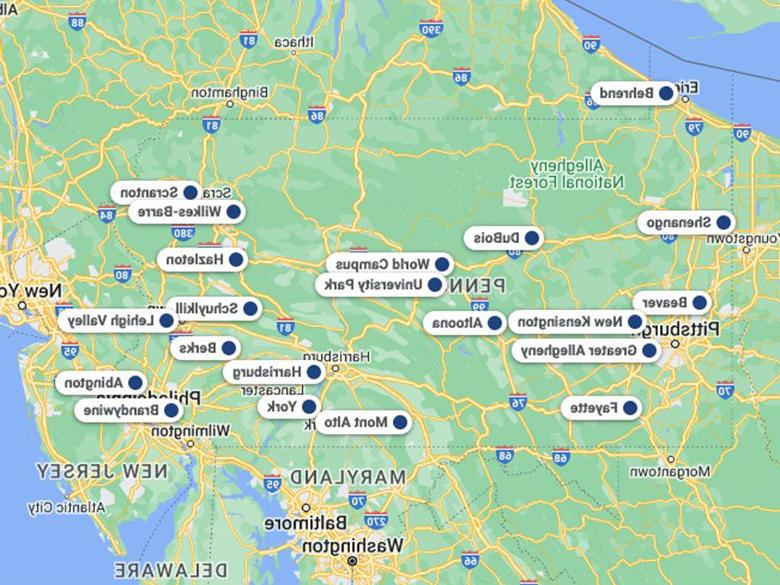 A map of Pennsylvania showing all Penn State campuses